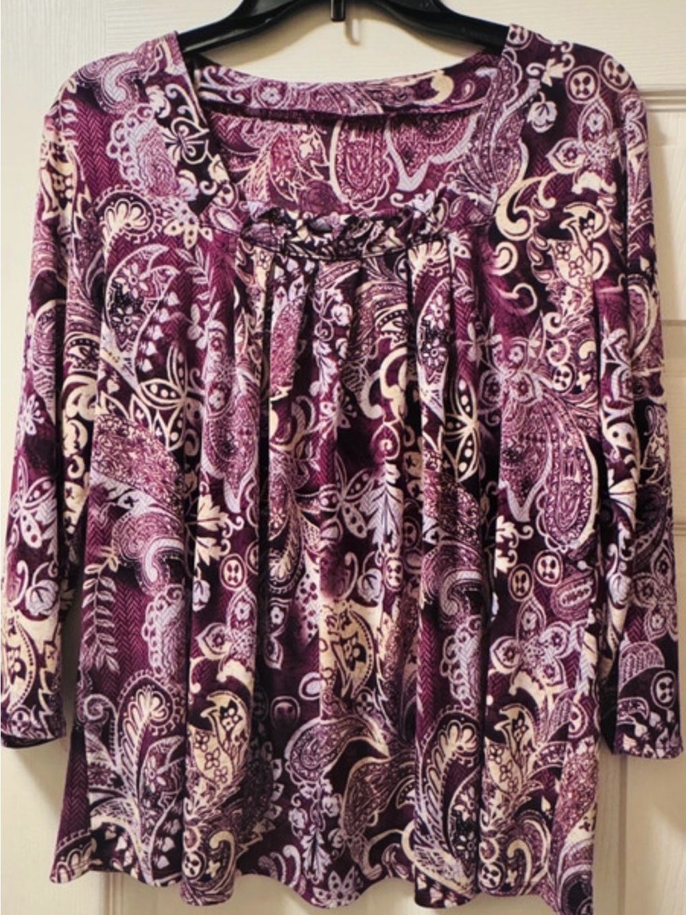 Roz & Ali Purple and Cream Paisley Scoop-Neck Blouse